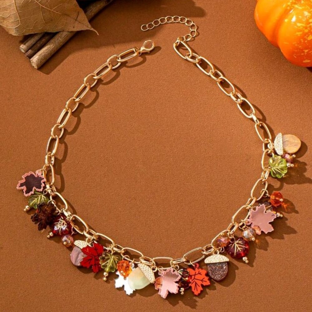 Fall Multi Gold Charms Necklace Maple Leaf Chestnut  with Autumn accents - Picture 3 of 4